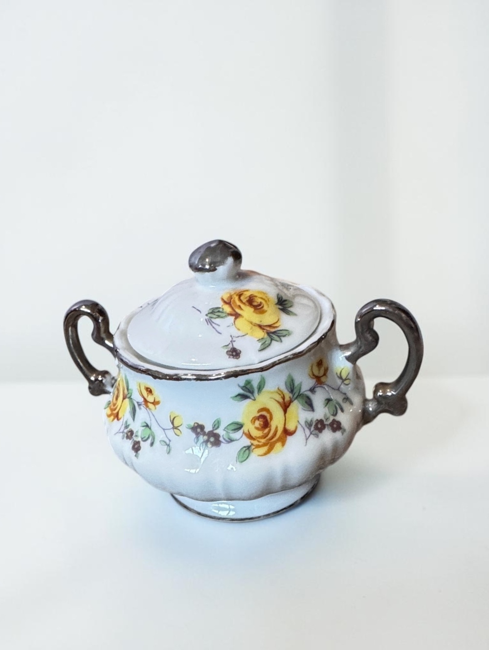 Vintage Japanese Porcelain Sugar Bowl with Lid and Yellow Rose Floral Design